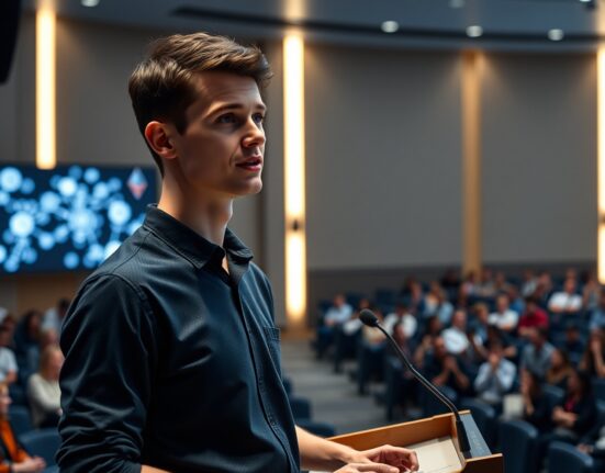 Vitalik Buterin discussing Ethereum development and blockchain innovation at a technology conference