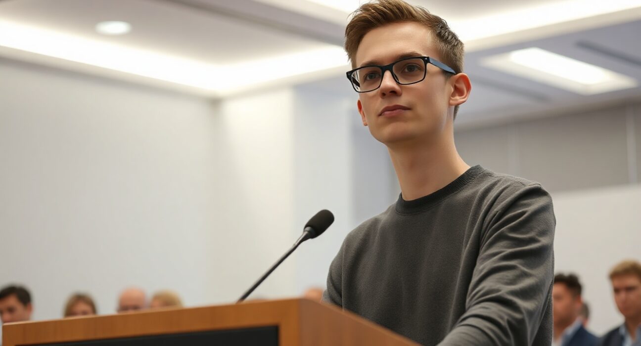 Vitalik Buterin speaking at a podium during an Ethereum Foundation announcement about reorganization and decentralization.