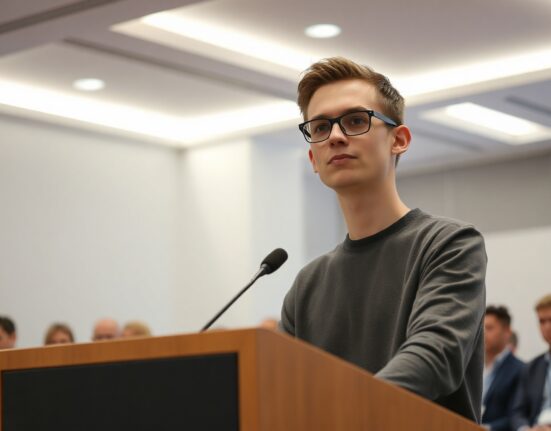 Vitalik Buterin speaking at a podium during an Ethereum Foundation announcement about reorganization and decentralization.