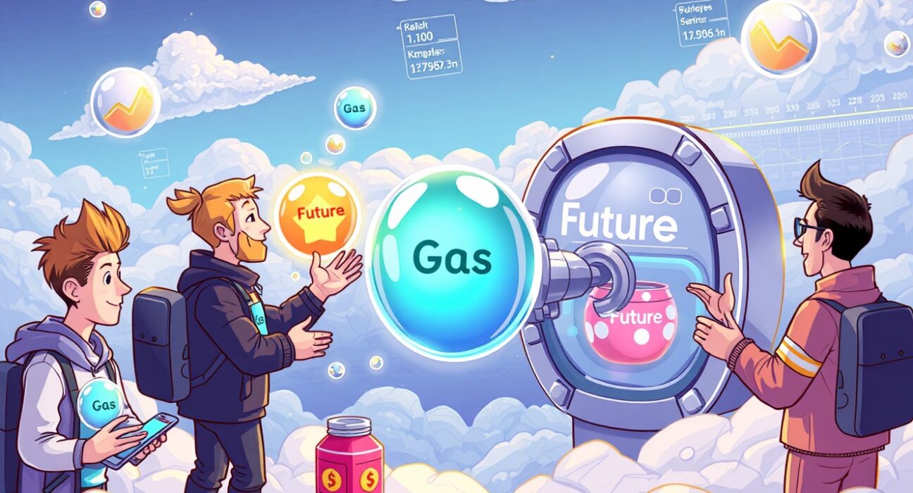 A vibrant cartoon of a futuristic gas futures market where traders secure future Ethereum transaction fees.