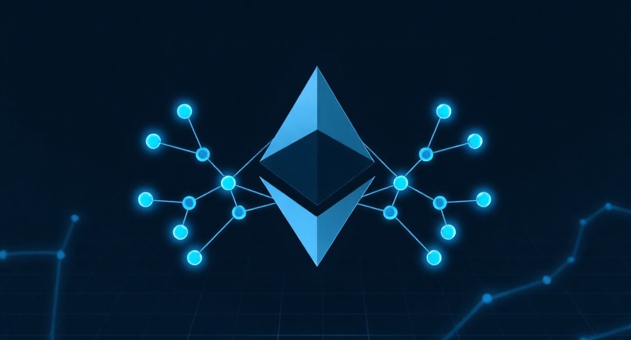 Ethereum logo with glowing nodes on a dark digital grid background representing a network redesign.