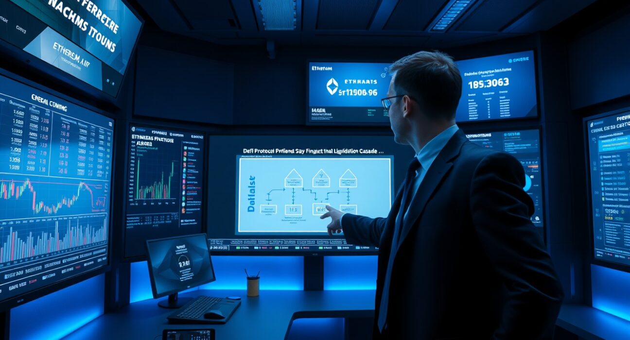 Analyst reviewing Ethereum DeFi proposal for option-based liquidation model on digital screens.