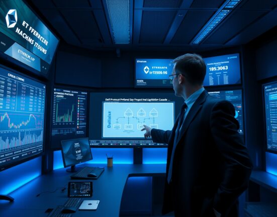 Analyst reviewing Ethereum DeFi proposal for option-based liquidation model on digital screens.
