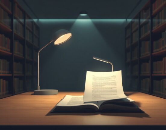 A document on a wooden table in a dimly lit library, symbolizing the search for a pseudonymous text.