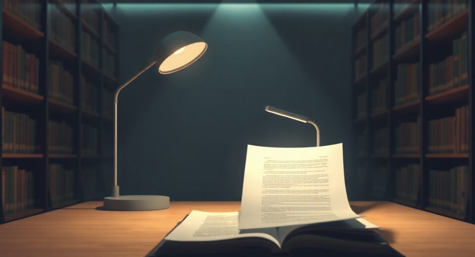 A document on a wooden table in a dimly lit library, symbolizing the search for a pseudonymous text.