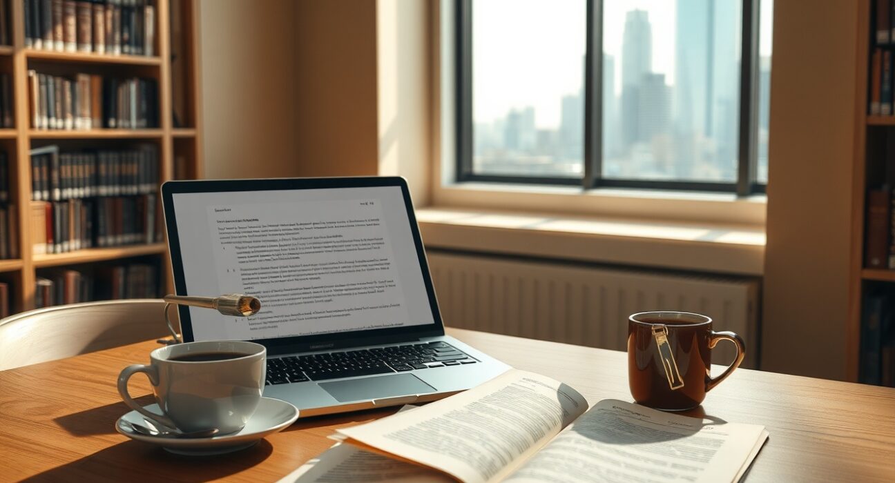 Vitalik Buterin writing a sci-fi novel on a laptop in a modern study room with manuscript pages.