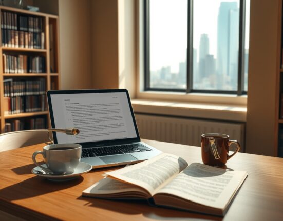 Vitalik Buterin writing a sci-fi novel on a laptop in a modern study room with manuscript pages.