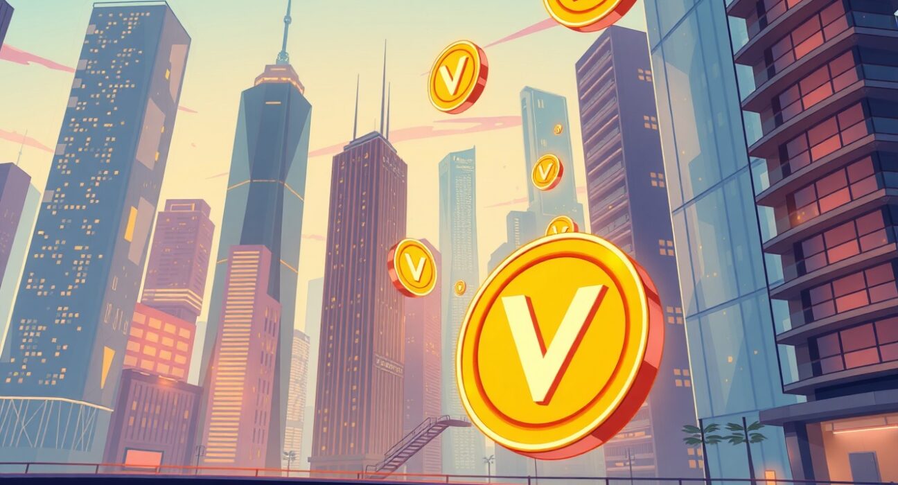 Cartoon illustration of Vitalik Buterin selling crypto tokens in a vibrant digital marketplace.