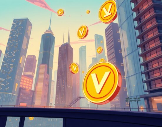 Cartoon illustration of Vitalik Buterin selling crypto tokens in a vibrant digital marketplace.