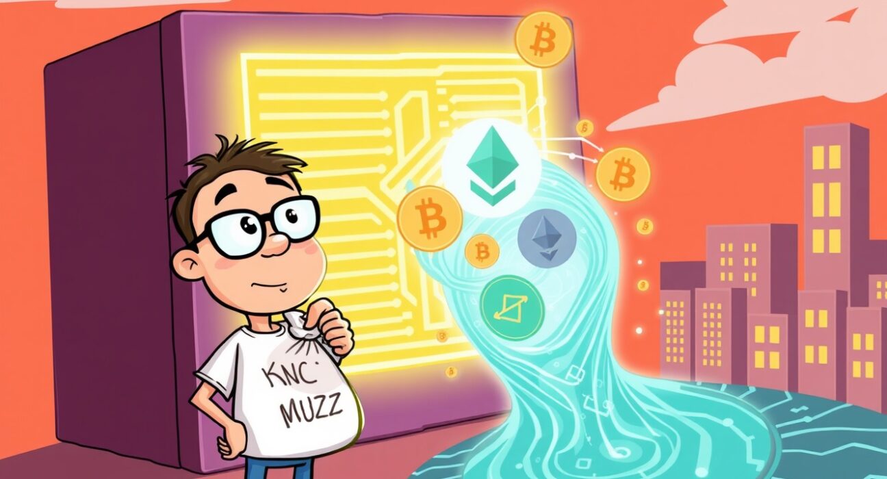 A cartoon illustration of a Vitalik Buterin-linked figure analyzing a cryptocurrency transaction on a digital ledger.
