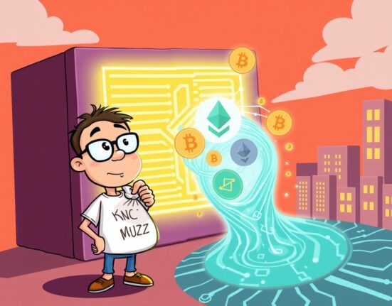 A cartoon illustration of a Vitalik Buterin-linked figure analyzing a cryptocurrency transaction on a digital ledger.