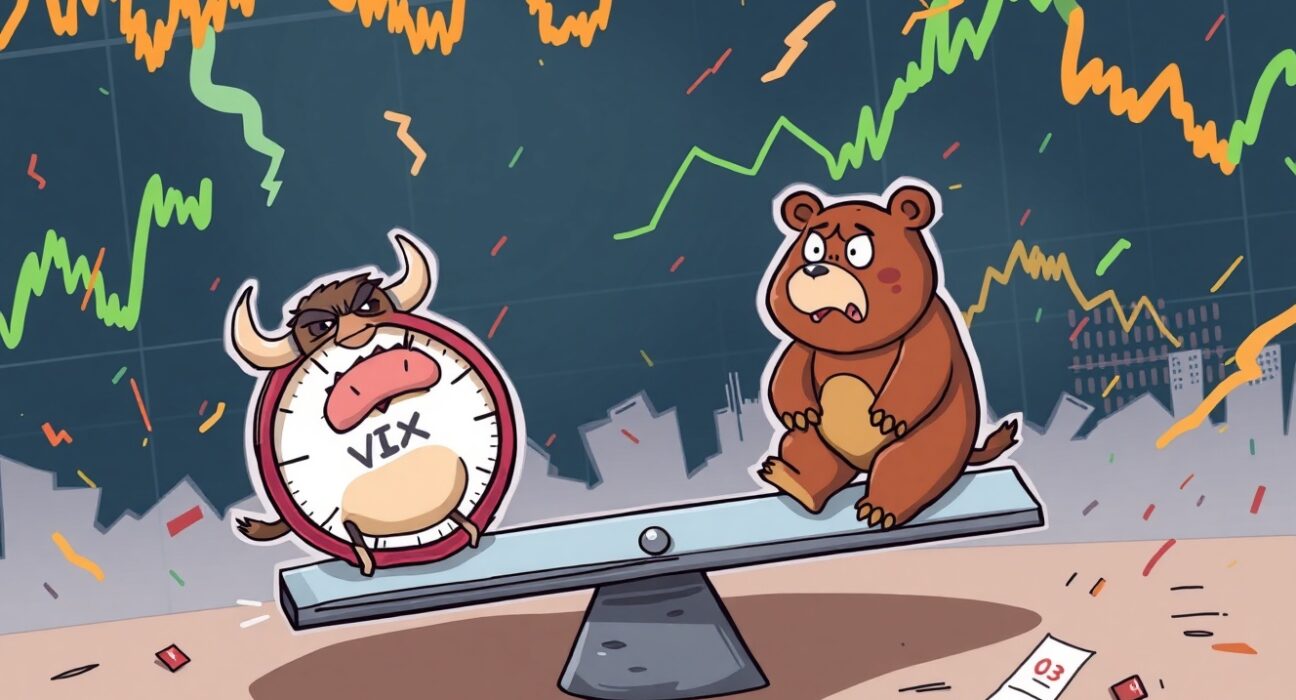 Vibrant cartoon of VIX fear gauge causing market chaos with anxious investors