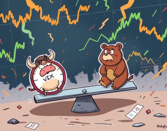 Vibrant cartoon of VIX fear gauge causing market chaos with anxious investors