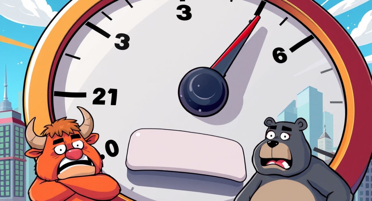 Animated VIX fear gauge showing rising market volatility with nervous investors