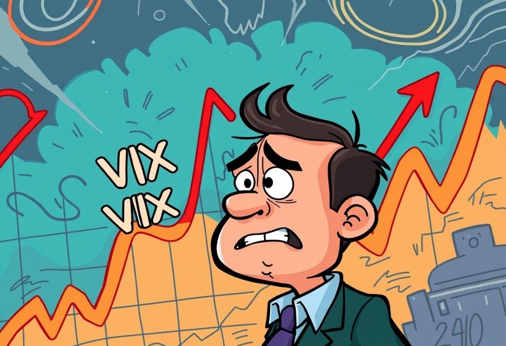 Cartoon showing an investor reacting to the VIX fear gauge rising above 20, indicating market volatility.