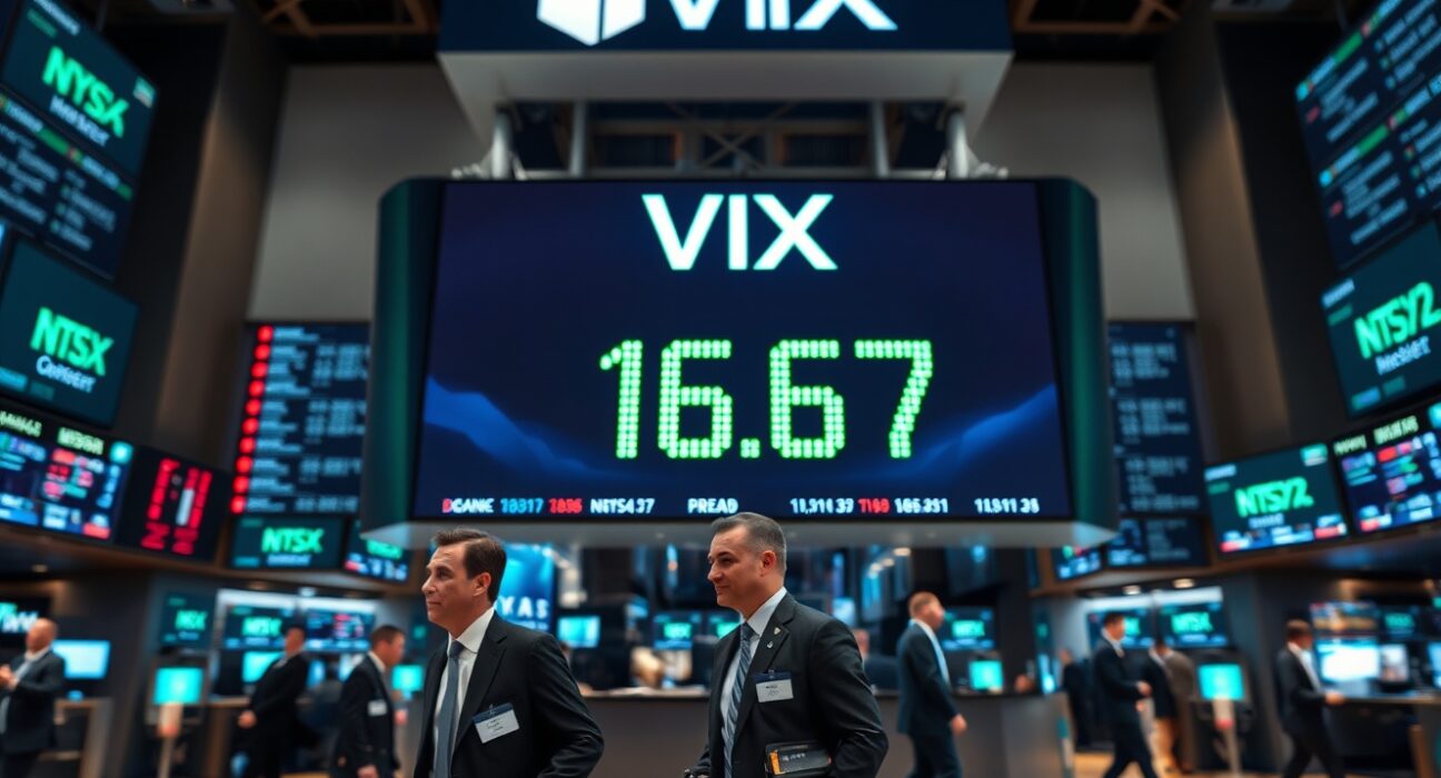 Electronic board showing VIX index at 16.67 on a trading floor