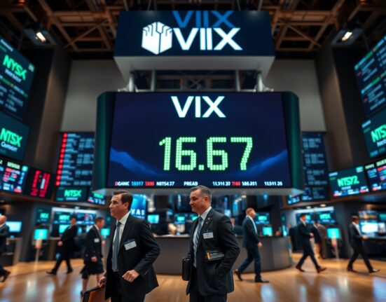 Electronic board showing VIX index at 16.67 on a trading floor