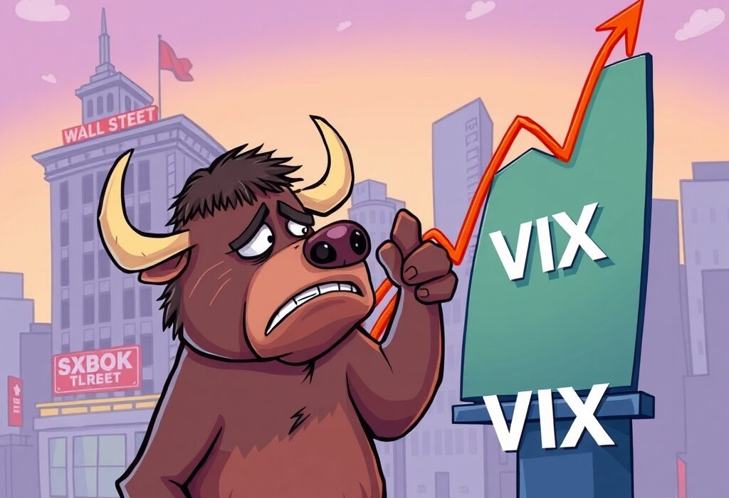 A cartoon illustration depicting the VIX surge and increased market fear, impacting investors.