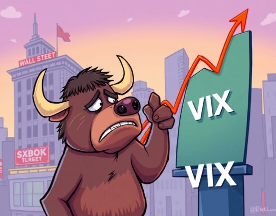 A cartoon illustration depicting the VIX surge and increased market fear, impacting investors.