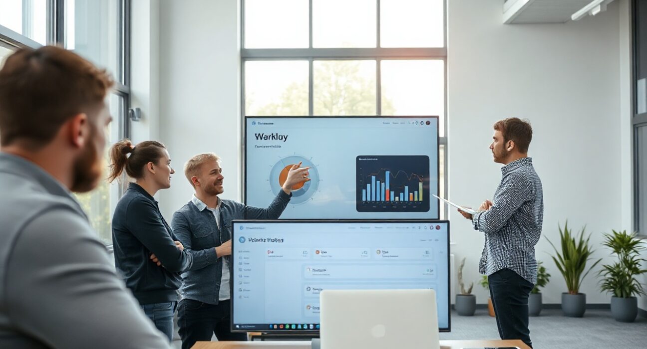 Team of engineers and product manager collaborating in a bright Stockholm startup office with an AI dashboard on screen