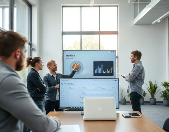 Team of engineers and product manager collaborating in a bright Stockholm startup office with an AI dashboard on screen