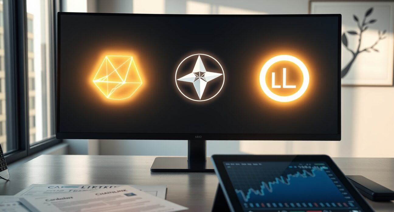 Financial trading desk monitor displaying Cardano, Stellar, and Chainlink logos for new leveraged ETF news.