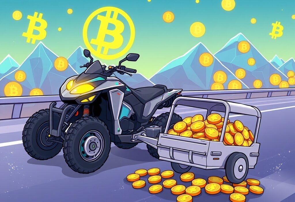 A cartoon illustration showing a futuristic electric vehicle carrying a large amount of Bitcoin, symbolizing a company's bold move in corporate Bitcoin adoption.