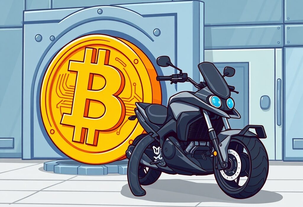 A cartoon illustration showing a company's strategic Bitcoin holdings, with a futuristic vehicle next to a large Bitcoin symbol, representing innovative corporate finance.