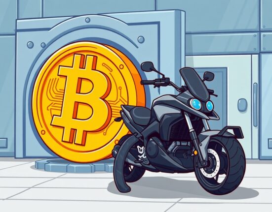 A cartoon illustration showing a company's strategic Bitcoin holdings, with a futuristic vehicle next to a large Bitcoin symbol, representing innovative corporate finance.