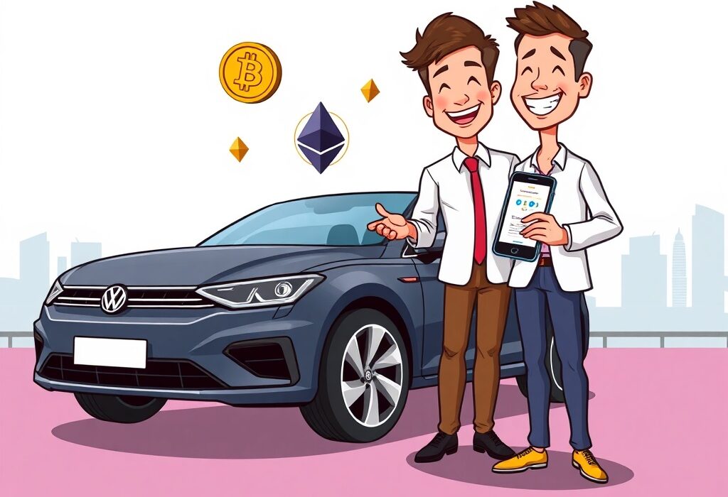 A cartoon image illustrating the ease of making Volkswagen crypto payments for car purchases in Singapore, highlighting digital currency adoption.