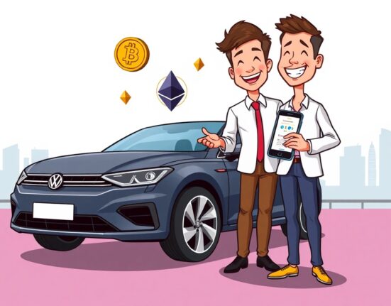 A cartoon image illustrating the ease of making Volkswagen crypto payments for car purchases in Singapore, highlighting digital currency adoption.