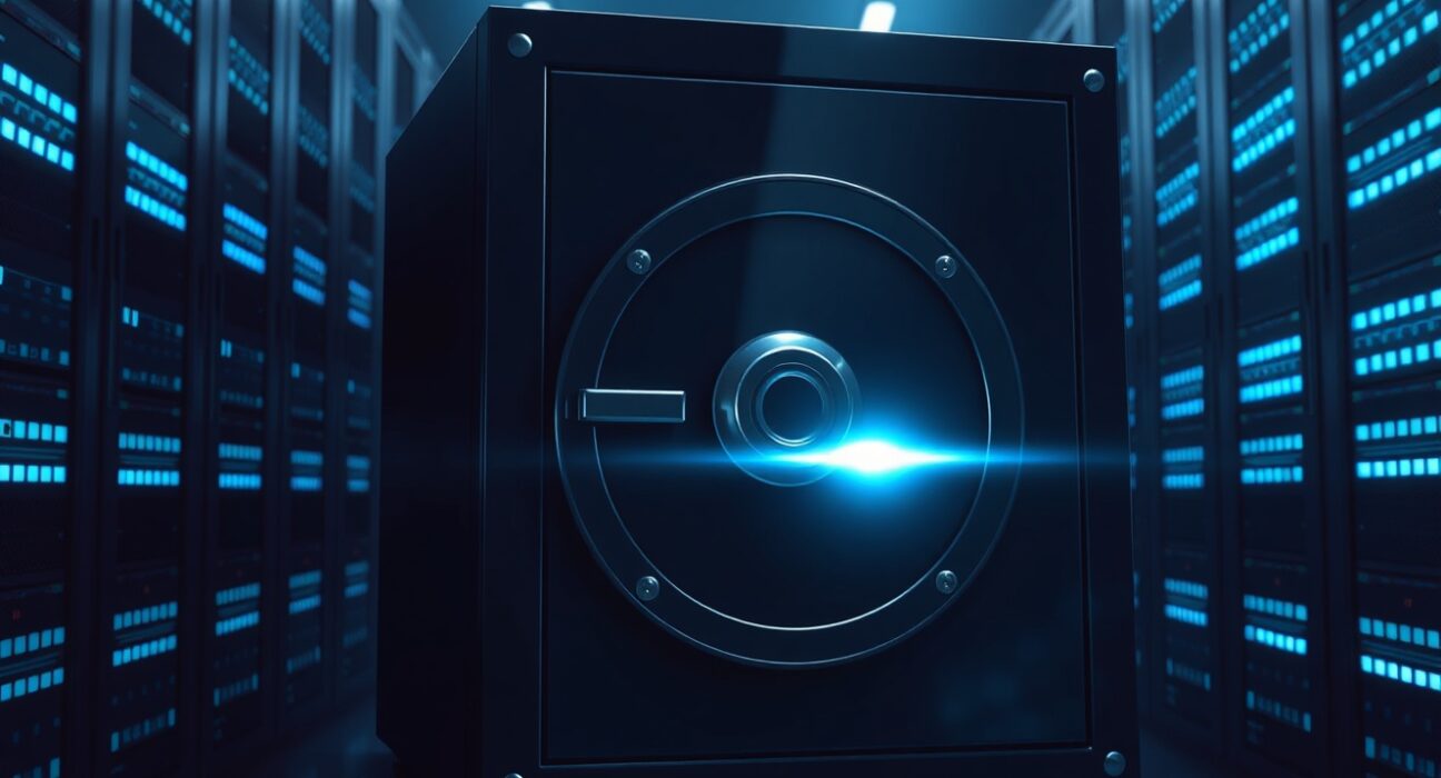 Illustration of the Volo Protocol exploit showing a breached digital vault in a secure server environment.
