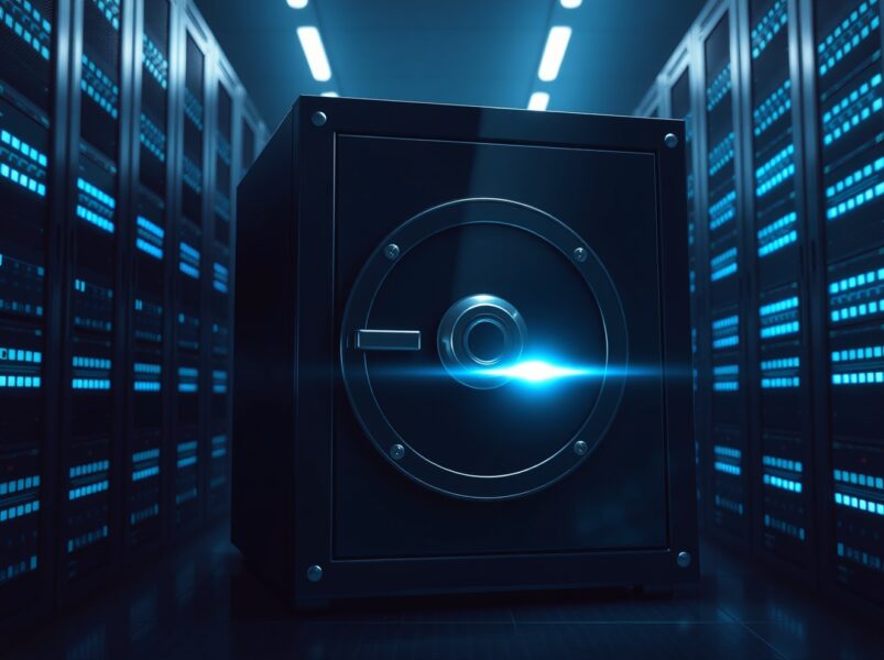 Illustration of the Volo Protocol exploit showing a breached digital vault in a secure server environment.