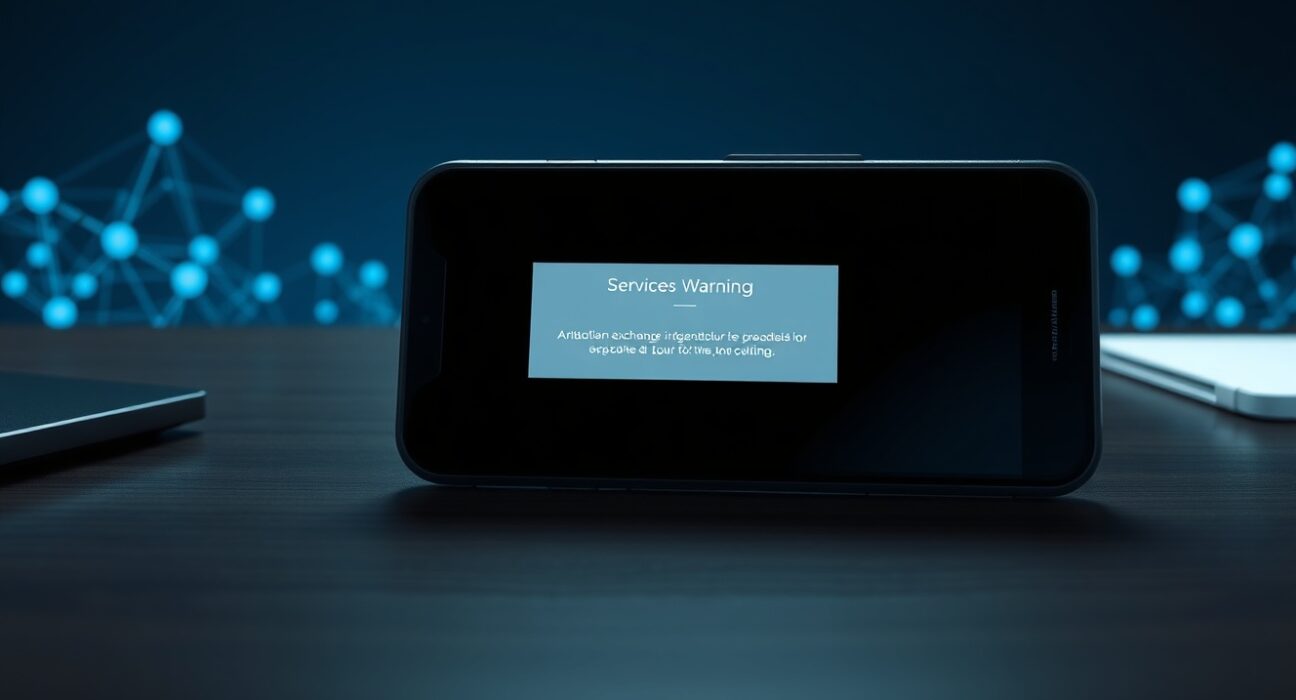 DEX Vooi Light app shutdown warning on smartphone screen with blockchain infrastructure visualization