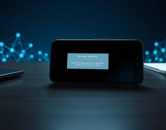 DEX Vooi Light app shutdown warning on smartphone screen with blockchain infrastructure visualization