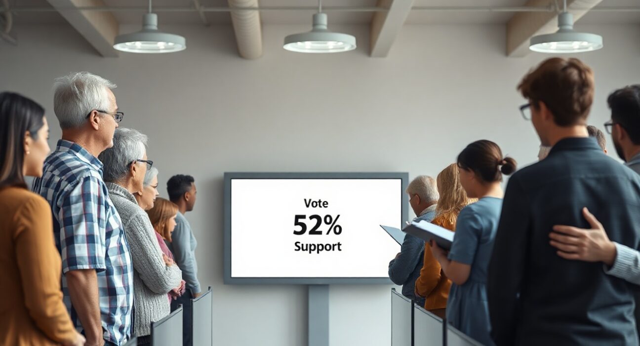 Diverse voters at a polling station watching a screen showing 52% support for a crypto bill.