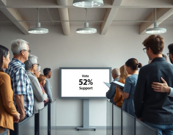 Diverse voters at a polling station watching a screen showing 52% support for a crypto bill.