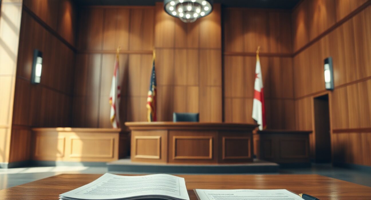 Interior of a courtroom with a judge's bench and legal documents, representing the Voyager investor appeal.
