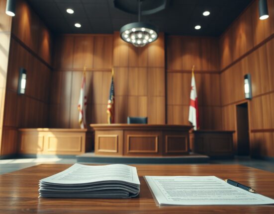 Interior of a courtroom with a judge's bench and legal documents, representing the Voyager investor appeal.