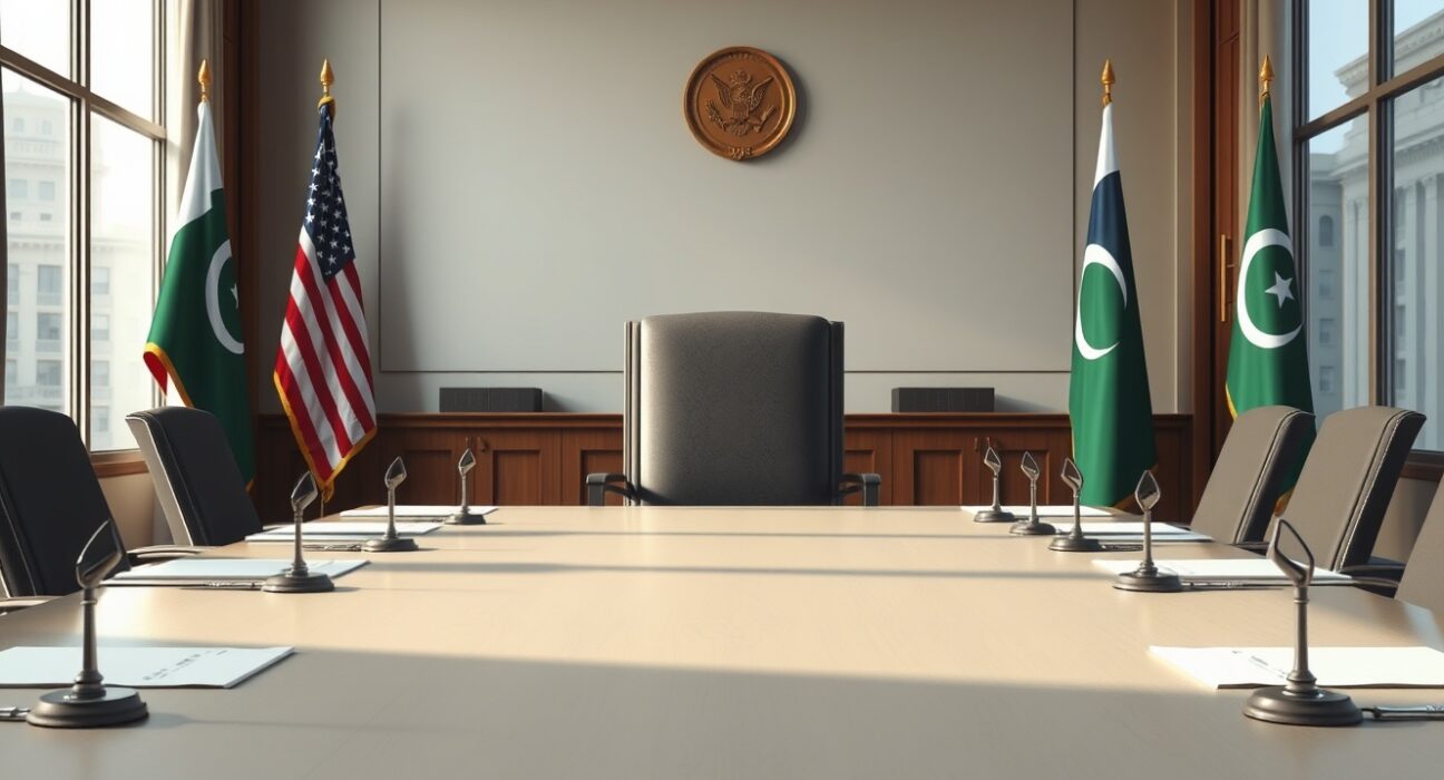 Empty chair at diplomatic table symbolizes postponed VP Vance visit to Islamabad amid Iran peace talks delay.