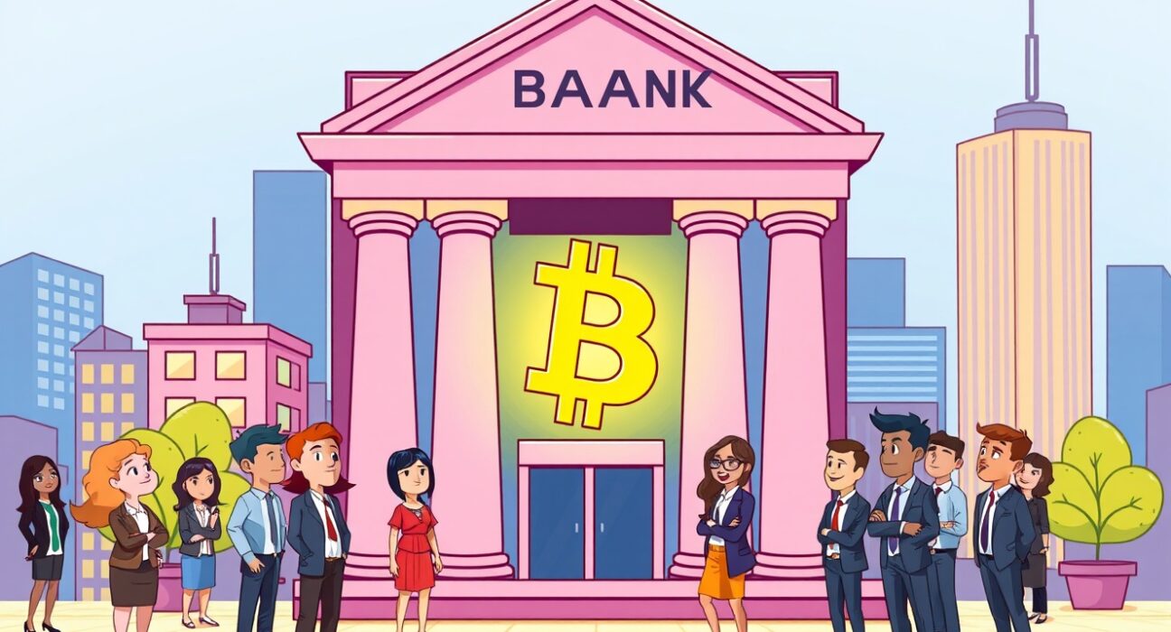 A vibrant cartoon illustration of a major bank embracing direct crypto trading for its clients.
