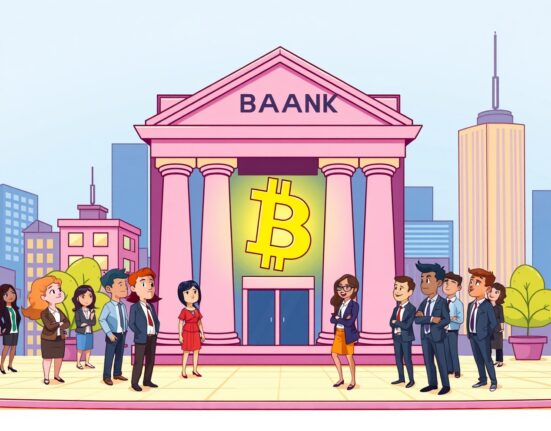 A vibrant cartoon illustration of a major bank embracing direct crypto trading for its clients.