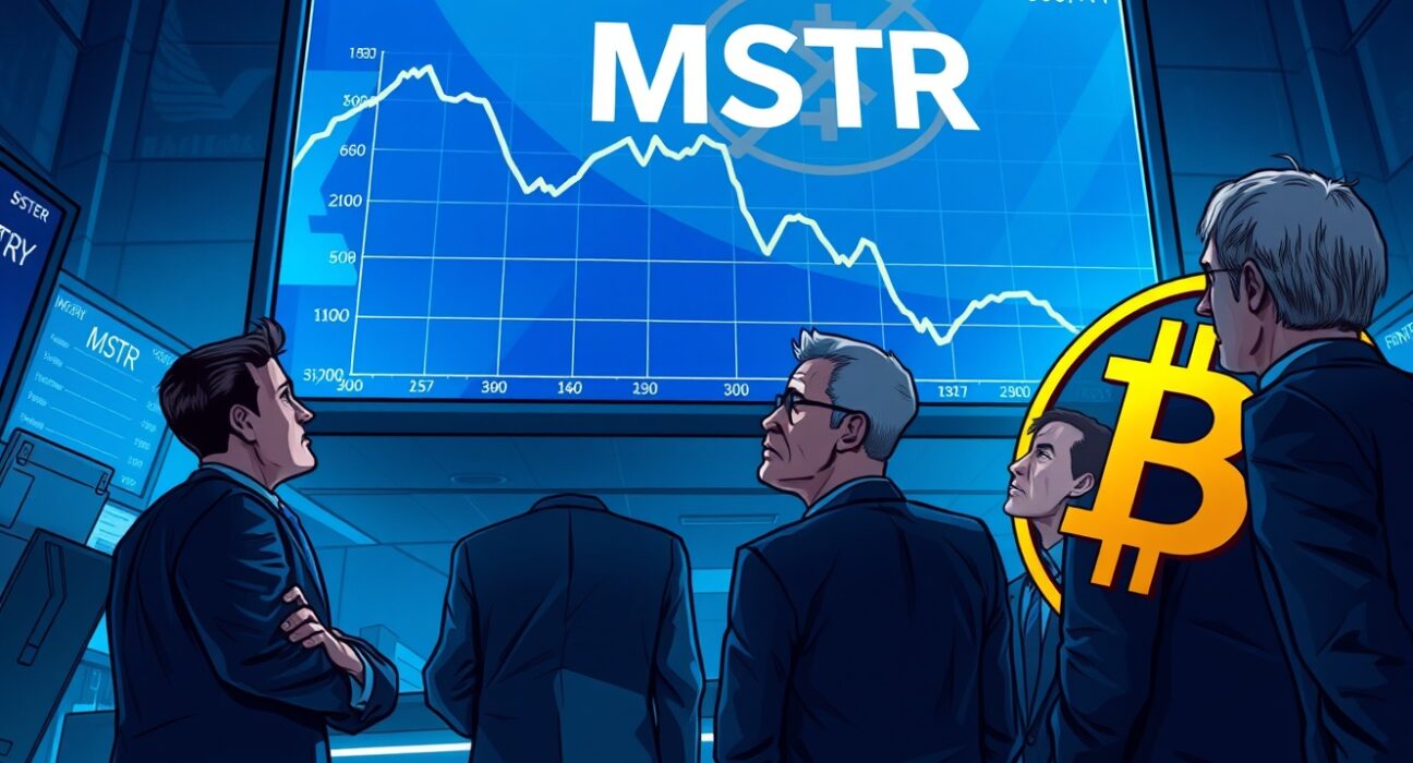 Traders on a Wall Street floor watching a screen showing MicroStrategy stock decline with Bitcoin reflection