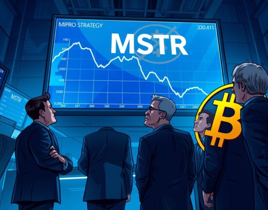 Traders on a Wall Street floor watching a screen showing MicroStrategy stock decline with Bitcoin reflection