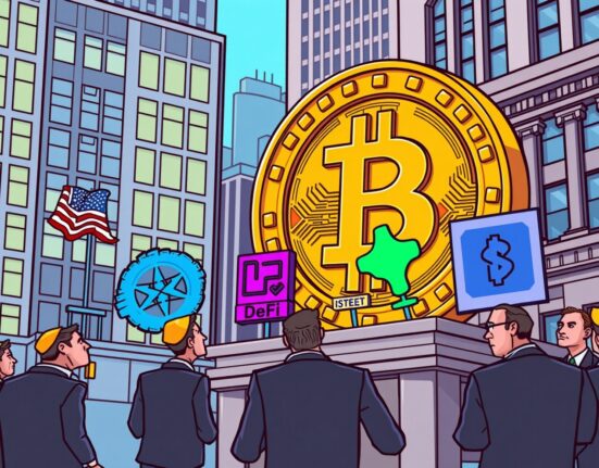 Cartoon illustration of Wall Street's overwhelming Bitcoin investment focus overshadowing vibrant DeFi growth.