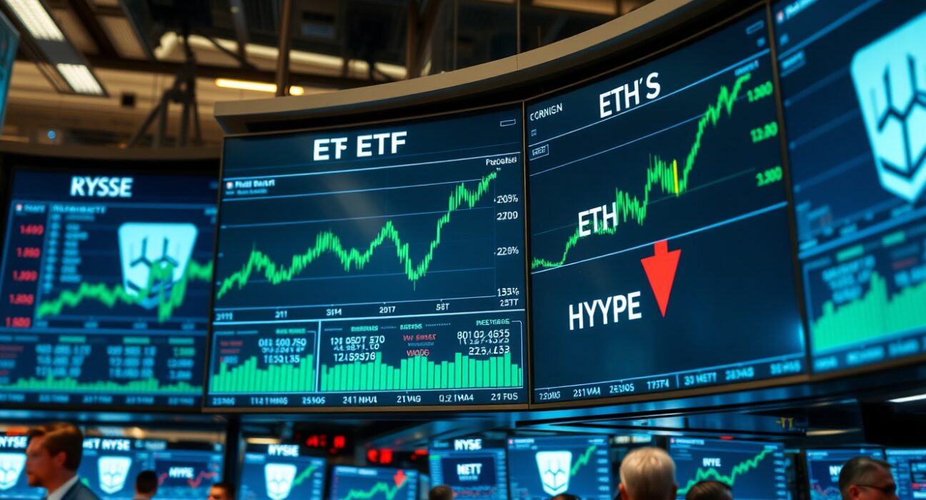 Wall Street trading floor with digital screens showing Ethereum ETF inflows and HYPE ETF outflows