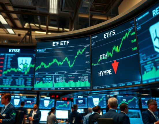 Wall Street trading floor with digital screens showing Ethereum ETF inflows and HYPE ETF outflows