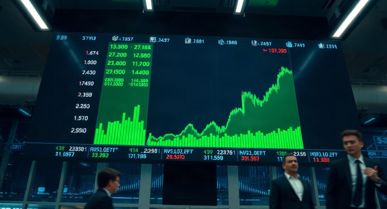 Stock market board showing green gains on a trading floor