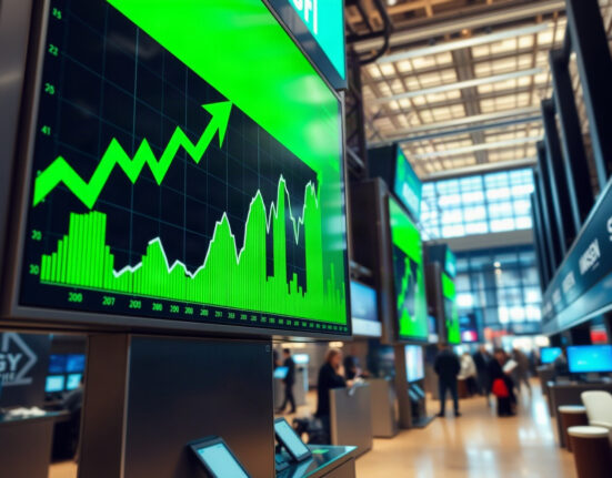 Stock market display showing green upward trends on a trading floor