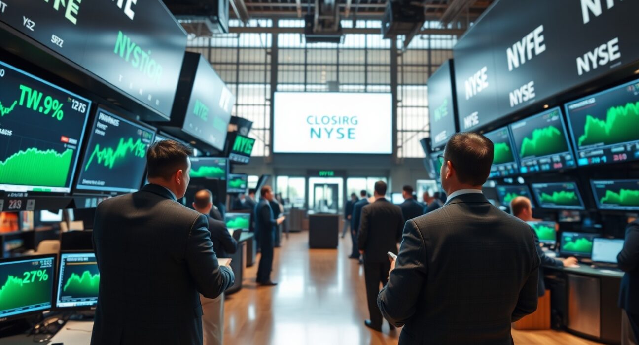 Traders on the NYSE floor watching green stock market screens during a positive closing session.